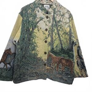 Sugar Street Weavers Vintage Tapestry Jacket Horses Pasture Rider Large Cotton